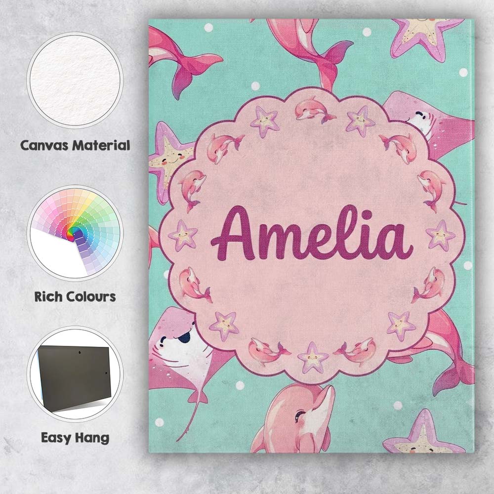 Personalised Name Pink Dolphin Stingray Custom  Modern Room Accent Elegant Feature Canvas Wall Art Print Decor Picture Ready to Hang