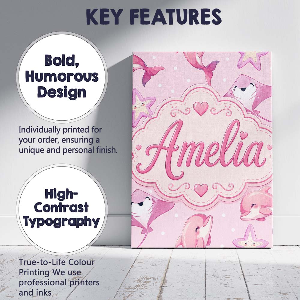 Personalised Name Pink Dolphin Stingray Custom  Modern Room Accent Elegant Feature Canvas Wall Art Print Decor Picture Ready to Hang