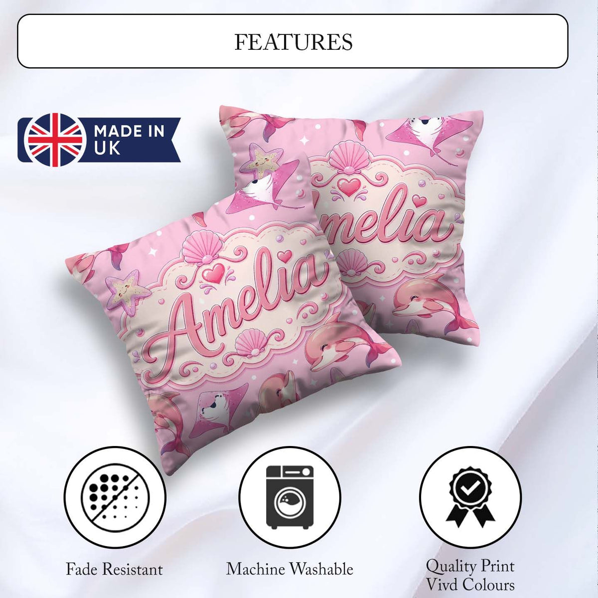 Custom Name Pink Dolphin Stingray Ocean Creatures Light Pink Dot Square Filled Cushion Throw Pillow Sofa Bed Home Decor Zip Washable UK Made