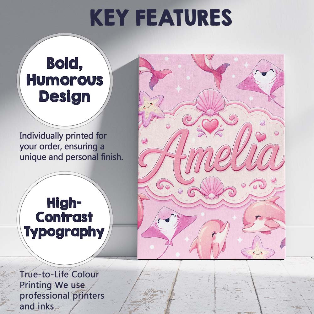 Personalised Name Pink Dolphin Stingray Custom  Modern Room Accent Elegant Feature Canvas Wall Art Print Decor Picture Ready to Hang