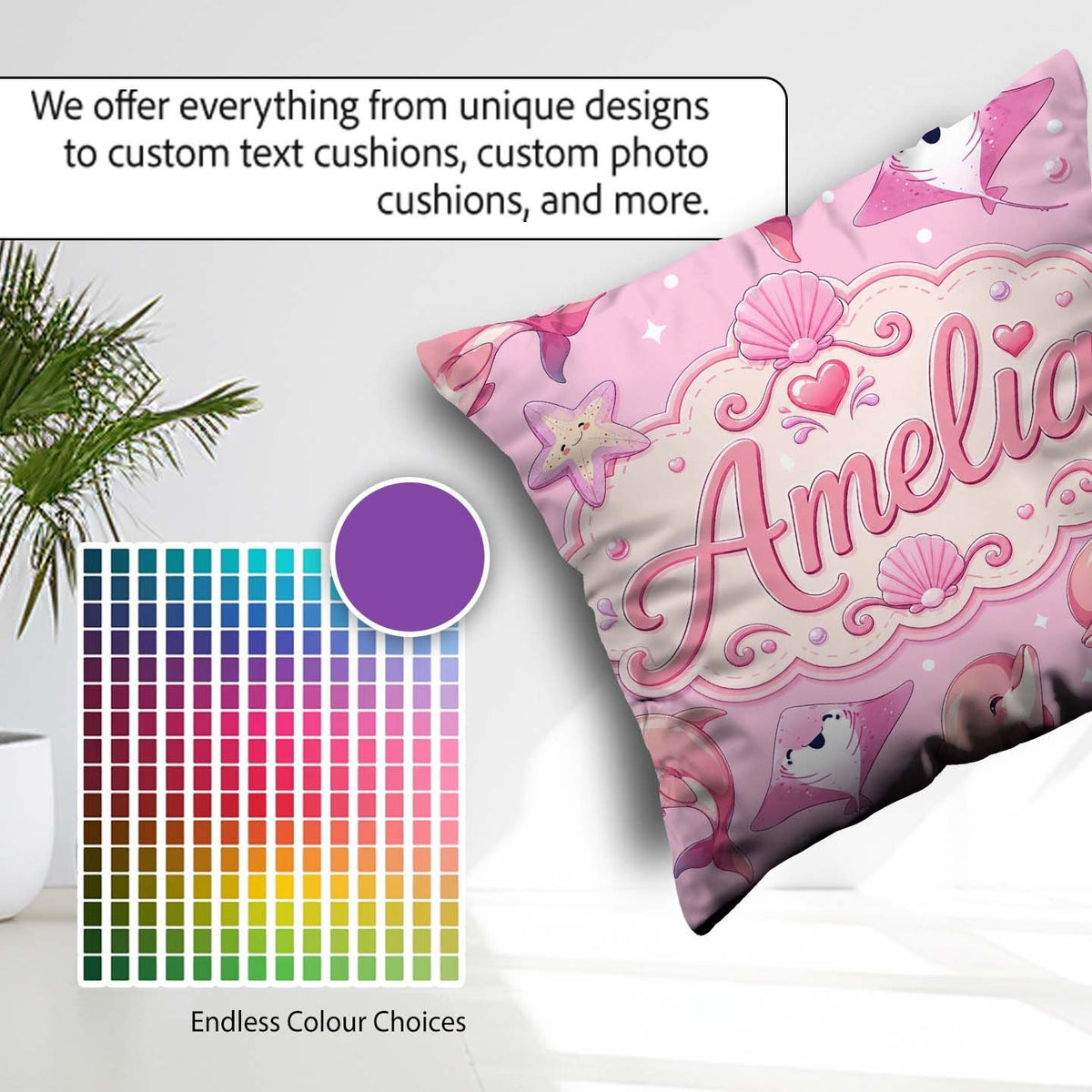 Custom Name Pink Dolphin Stingray Ocean Creatures Light Pink Dot Square Filled Cushion Throw Pillow Sofa Bed Home Decor Zip Washable UK Made