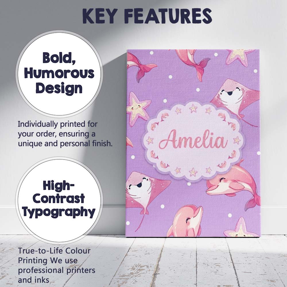 Personalised Name Pink Dolphin Stingray Custom  Modern Room Accent Elegant Feature Canvas Wall Art Print Decor Picture Ready to Hang