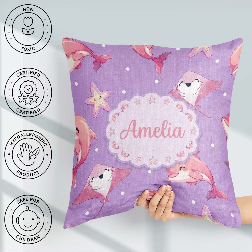 Custom Name Pink Dolphin Stingray Starfish Ocean Creatures Polka Square Filled Cushion Throw Pillow Sofa Bed Home Decor Zip Washable UK Made