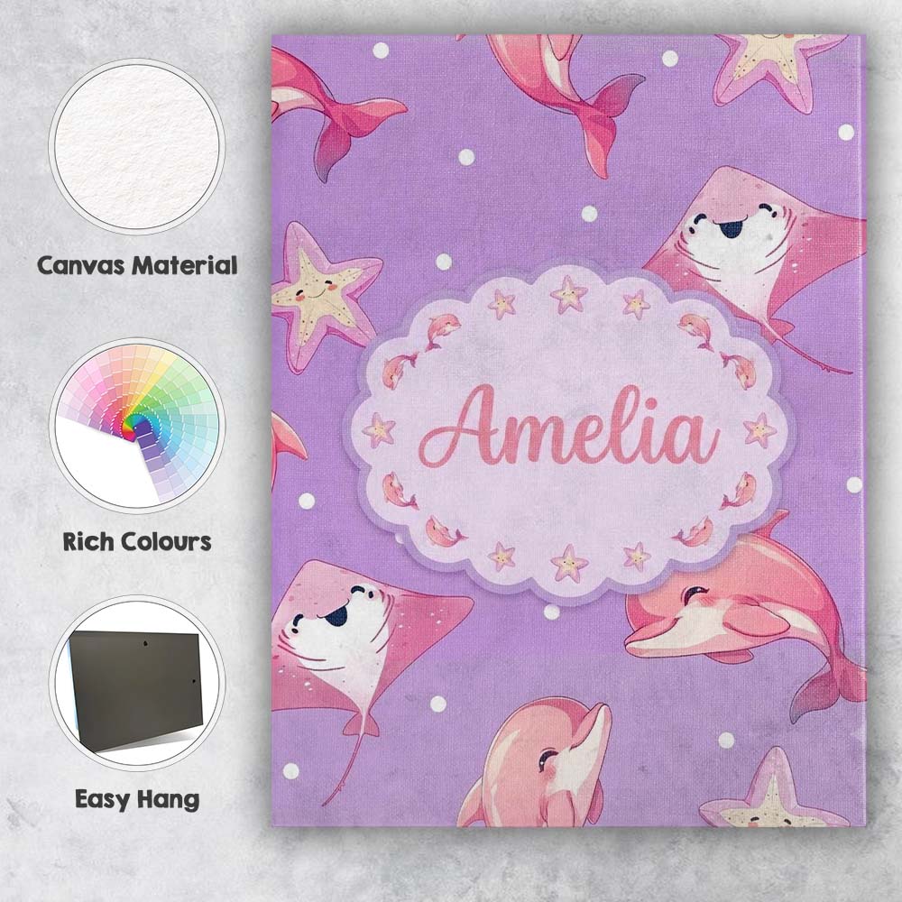 Personalised Name Pink Dolphin Stingray Custom  Modern Room Accent Elegant Feature Canvas Wall Art Print Decor Picture Ready to Hang