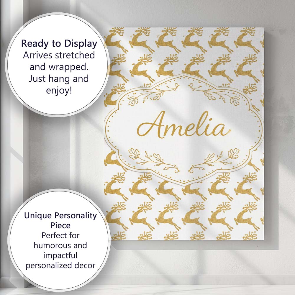 Personalised Name Gold Glitter Reindeer Christmas Seamless Pattern Custom  Unique Canvas Wall Art Print Decor Picture Ready to Hang
