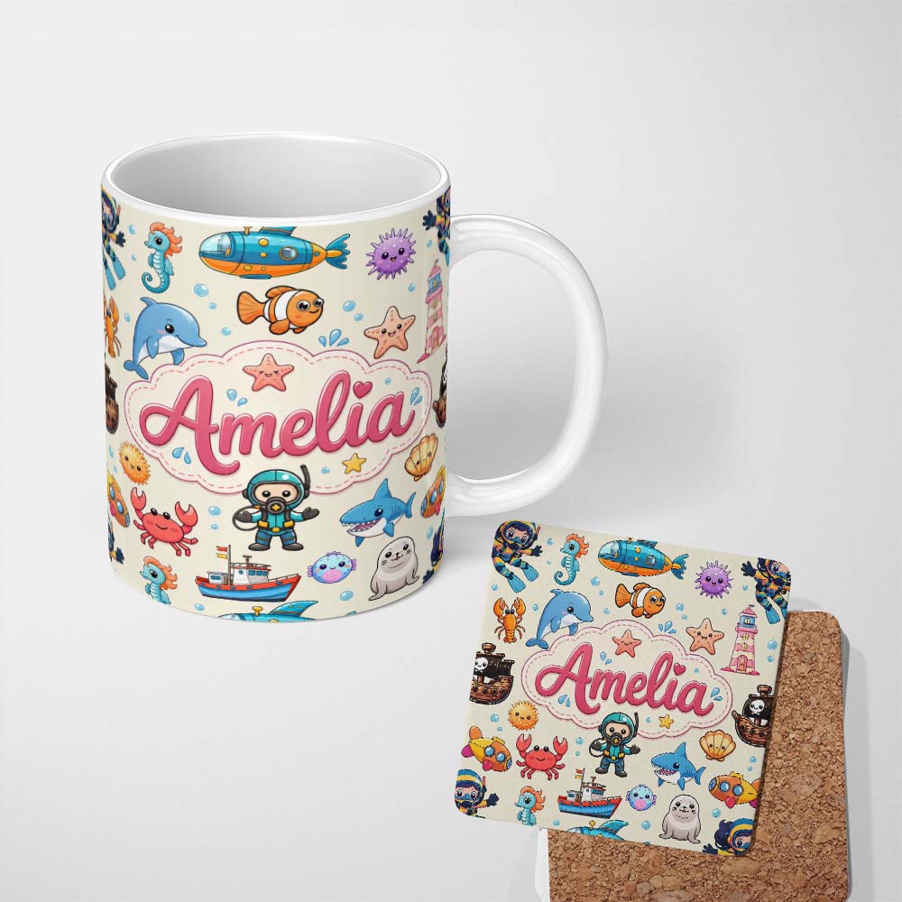 Personalized Custom Name Cartoon Ocean with various sea Creatures on Soft Beige Background 11oz Ceramic Coffee Tea Mug White Large Handle