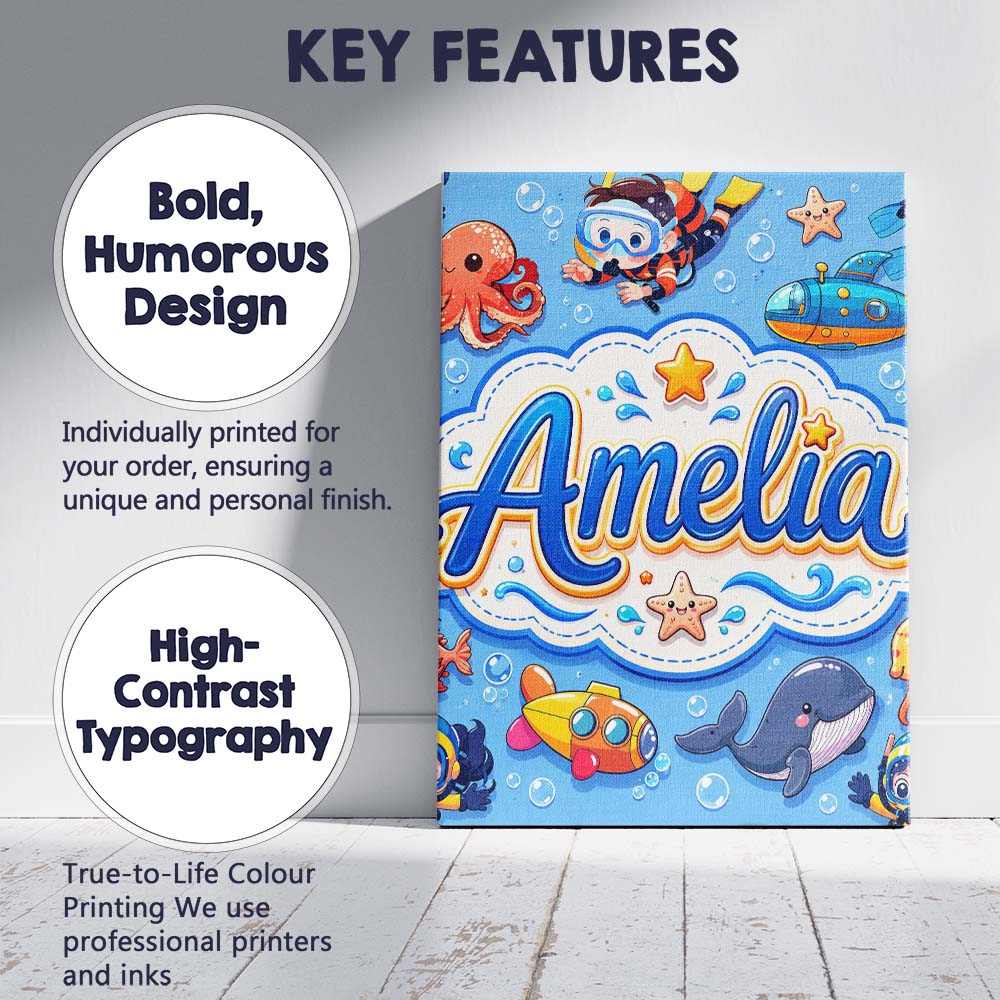 Personalised Name Kids Scuba Divers Submarine Custom Unique Gift Idea Modern Room Accent Canvas Wall Art Print Decor Picture Ready to Hang