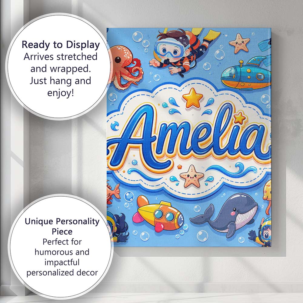 Personalised Name Kids Scuba Divers Submarine Custom Unique Gift Idea Modern Room Accent Canvas Wall Art Print Decor Picture Ready to Hang