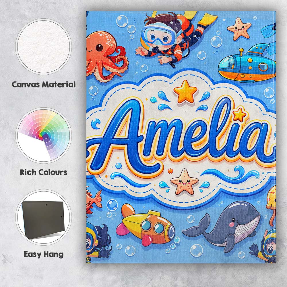 Personalised Name Kids Scuba Divers Submarine Custom Unique Gift Idea Modern Room Accent Canvas Wall Art Print Decor Picture Ready to Hang