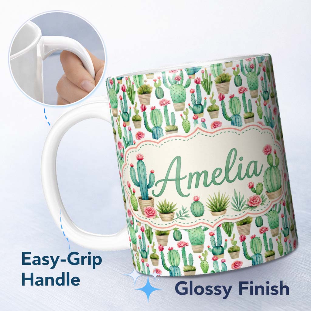 Personalized Custom Name Fresh Green Cactus with Pink Flowers Watercolor Seamless Pattern 11oz Ceramic Coffee Tea Mug White Large Handle