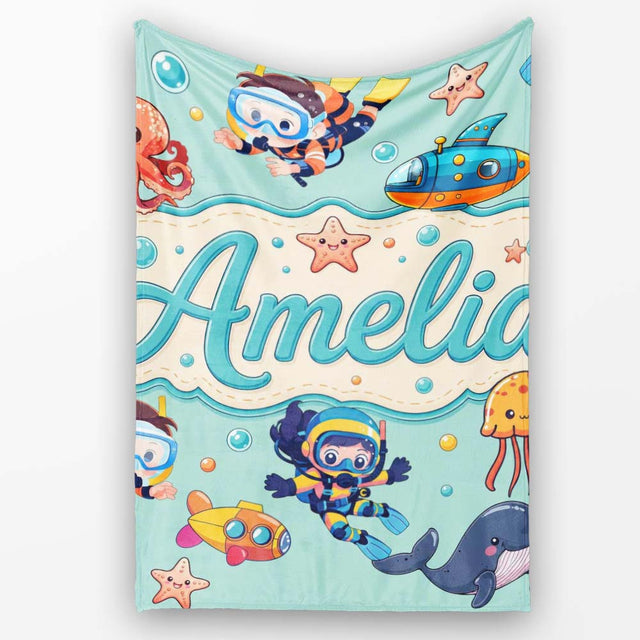 Kids Scuba Divers Submarine Jellyfish Ocean Animals Mint Green  Personalised Custom Name Super Soft Fleece Blanket Bed Sofa Throw