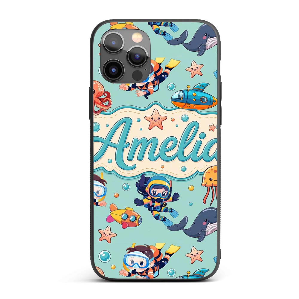Kids Scuba Divers Submarine Decorative Design Custom Name Protective Phone Case Mobile Cover Durable Everyday Smartphone Shock Resistant