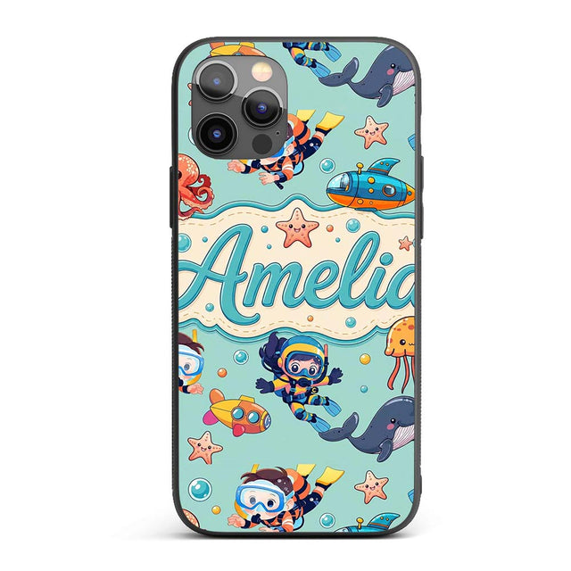 Kids Scuba Divers Submarine Decorative Design Custom Name Protective Phone Case Mobile Cover Durable Everyday Smartphone Shock Resistant