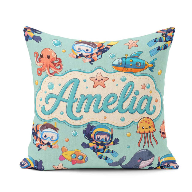 Custom Name Kids Scuba Divers Submarine Ocean Animals Mint Green Square Filled Cushion Throw Pillow Sofa Bed Home Decor Zip Washable UK Made