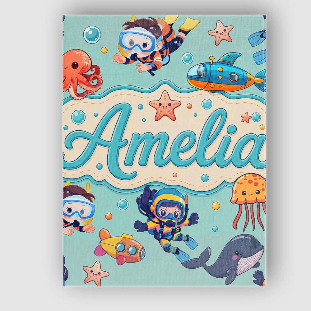 Personalised Name Kids Scuba Divers Submarine Custom Unique Gift Idea Modern Room Accent Canvas Wall Art Print Decor Picture Ready to Hang