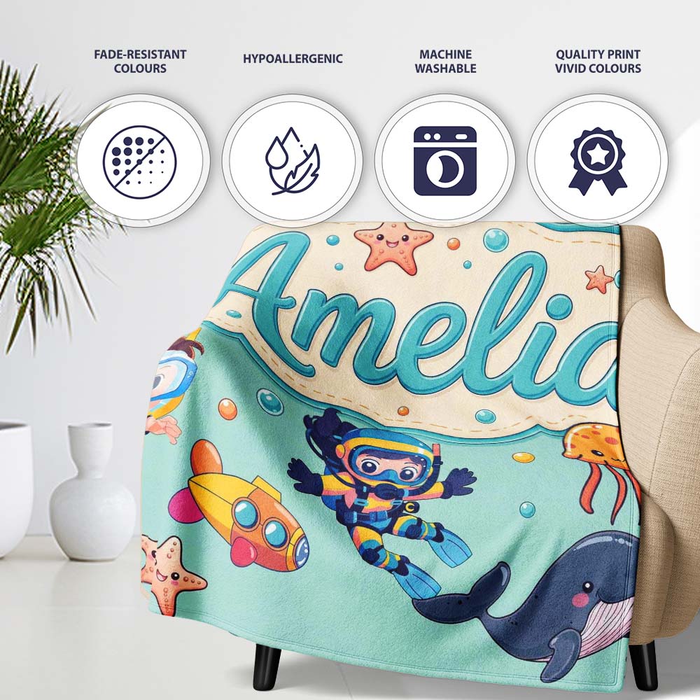 Kids Scuba Divers Submarine Jellyfish Ocean Animals Mint Green  Personalised Custom Name Super Soft Fleece Blanket Bed Sofa Throw
