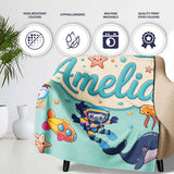 Kids Scuba Divers Submarine Jellyfish Ocean Animals Mint Green  Personalised Custom Name Super Soft Fleece Blanket Bed Sofa Throw