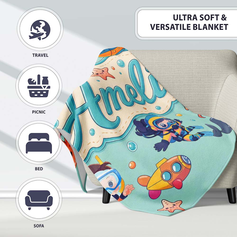 Kids Scuba Divers Submarine Jellyfish Ocean Animals Mint Green  Personalised Custom Name Super Soft Fleece Blanket Bed Sofa Throw