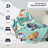 Kids Scuba Divers Submarine Jellyfish Ocean Animals Mint Green  Personalised Custom Name Super Soft Fleece Blanket Bed Sofa Throw