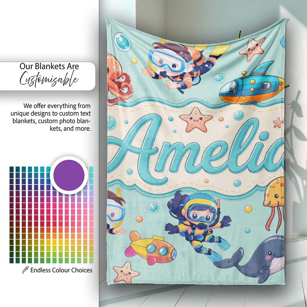 Kids Scuba Divers Submarine Jellyfish Ocean Animals Mint Green  Personalised Custom Name Super Soft Fleece Blanket Bed Sofa Throw
