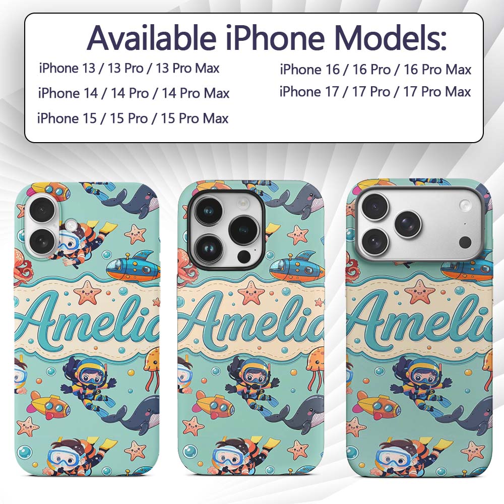 Kids Scuba Divers Submarine Decorative Design Custom Name Protective Phone Case Mobile Cover Durable Everyday Smartphone Shock Resistant