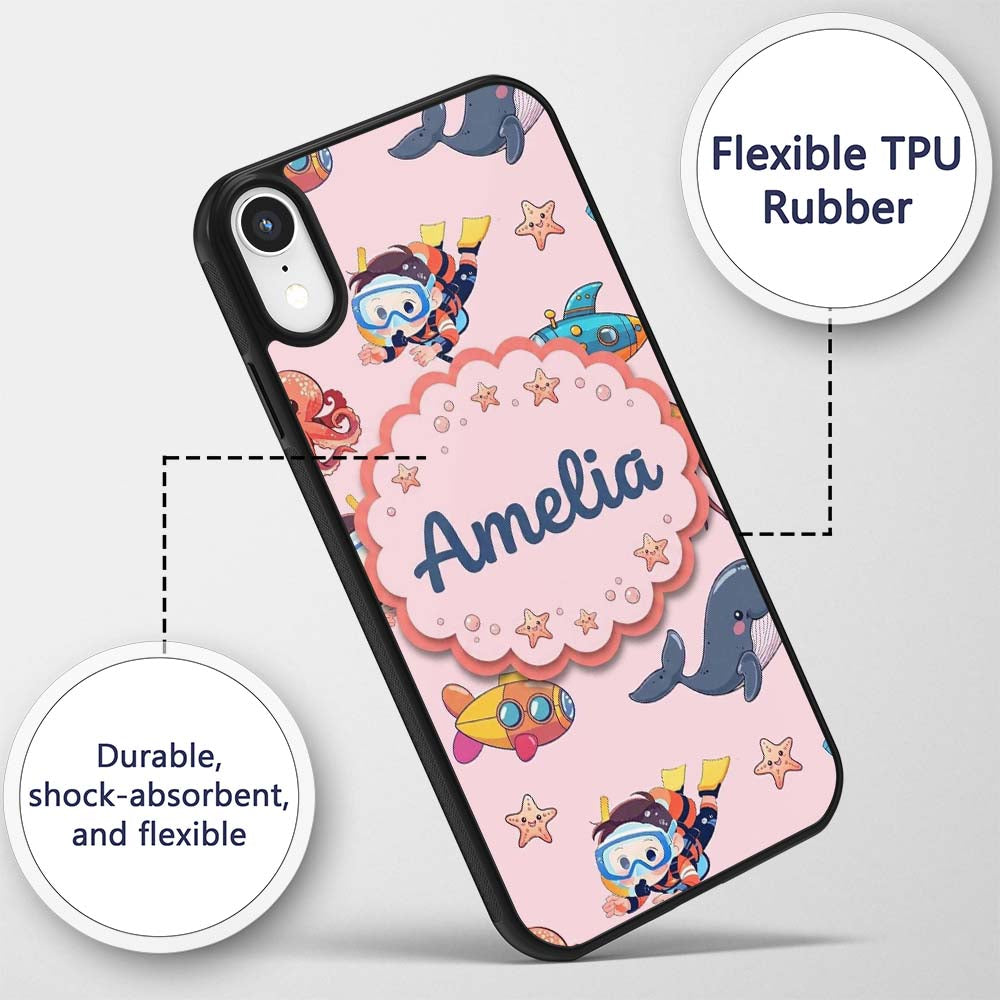 Kids Scuba Divers Submarine Decorative Design Custom Name Protective Phone Case Mobile Cover Durable Everyday Smartphone Shock Resistant