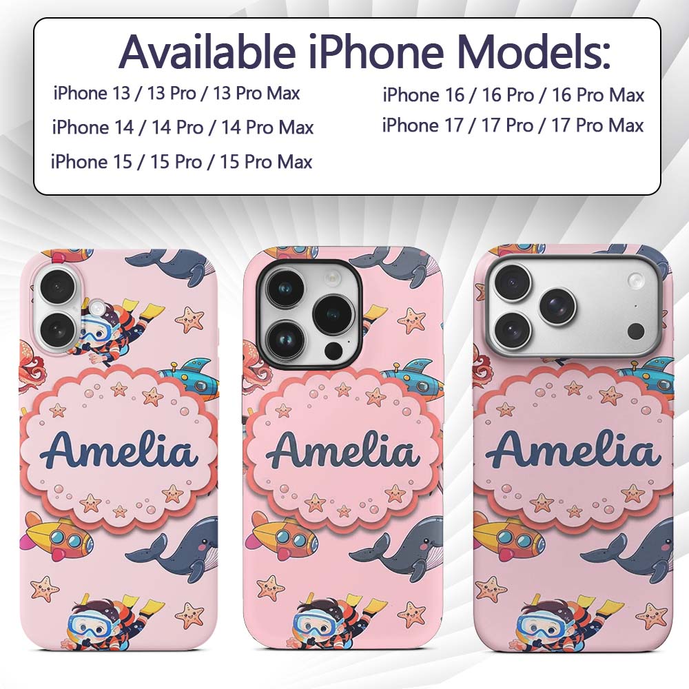 Kids Scuba Divers Submarine Decorative Design Custom Name Protective Phone Case Mobile Cover Durable Everyday Smartphone Shock Resistant
