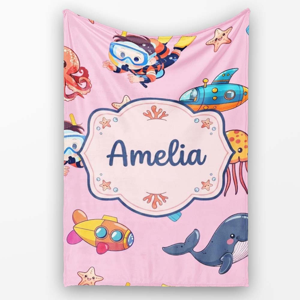 Kids Scuba Divers Submarine Jellyfish Ocean Animals Rose Pink Lovely  Personalised Custom Name Super Soft Fleece Blanket Bed Sofa Throw