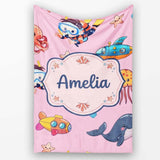 Kids Scuba Divers Submarine Jellyfish Ocean Animals Rose Pink Lovely  Personalised Custom Name Super Soft Fleece Blanket Bed Sofa Throw