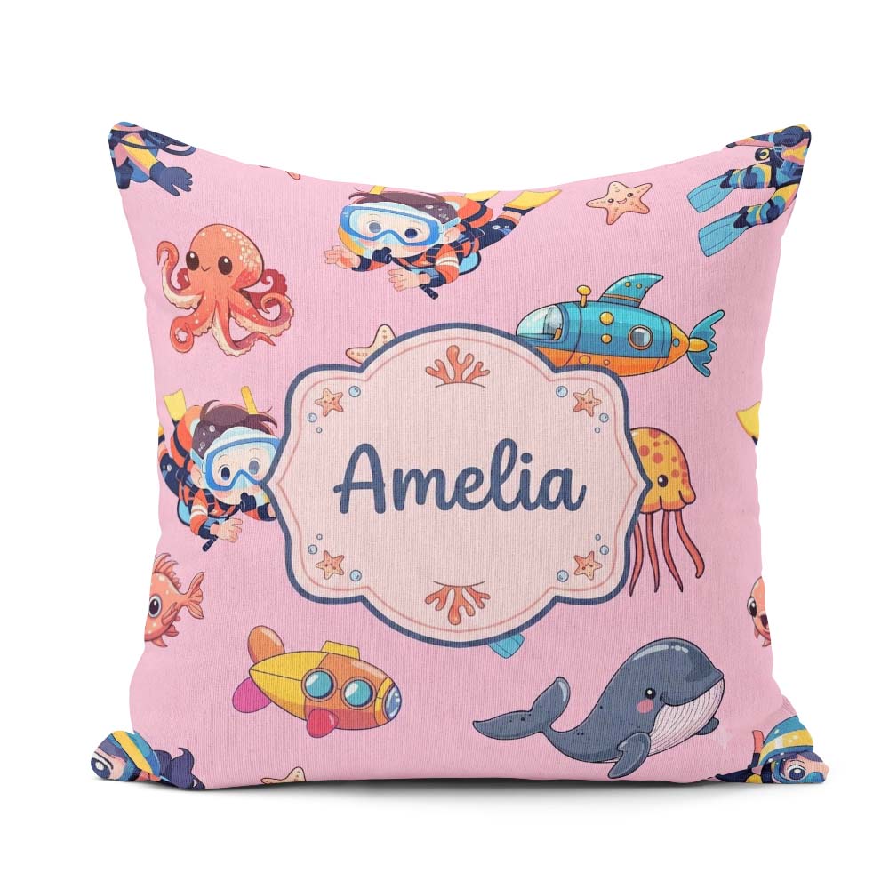 Custom Name Kids Scuba Divers Submarine Ocean Animals Rose Pink Square Filled Cushion Throw Pillow Sofa Bed Home Decor Zip Washable UK Made