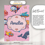 Kids Scuba Divers Submarine Jellyfish Ocean Animals Rose Pink Lovely  Personalised Custom Name Super Soft Fleece Blanket Bed Sofa Throw