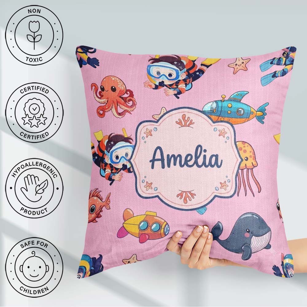 Custom Name Kids Scuba Divers Submarine Ocean Animals Rose Pink Square Filled Cushion Throw Pillow Sofa Bed Home Decor Zip Washable UK Made