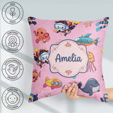 Custom Name Kids Scuba Divers Submarine Ocean Animals Rose Pink Square Filled Cushion Throw Pillow Sofa Bed Home Decor Zip Washable UK Made
