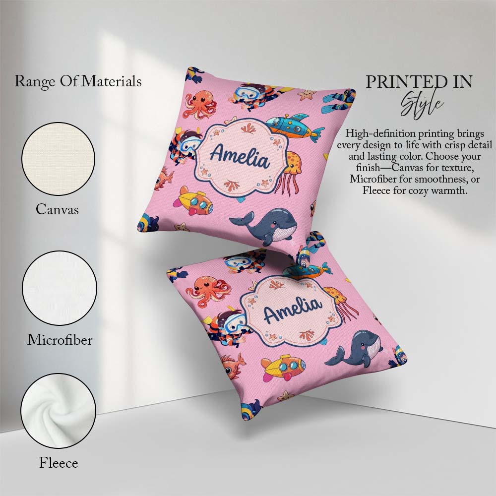 Custom Name Kids Scuba Divers Submarine Ocean Animals Rose Pink Square Filled Cushion Throw Pillow Sofa Bed Home Decor Zip Washable UK Made