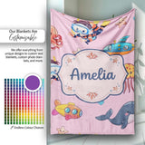 Kids Scuba Divers Submarine Jellyfish Ocean Animals Rose Pink Lovely  Personalised Custom Name Super Soft Fleece Blanket Bed Sofa Throw