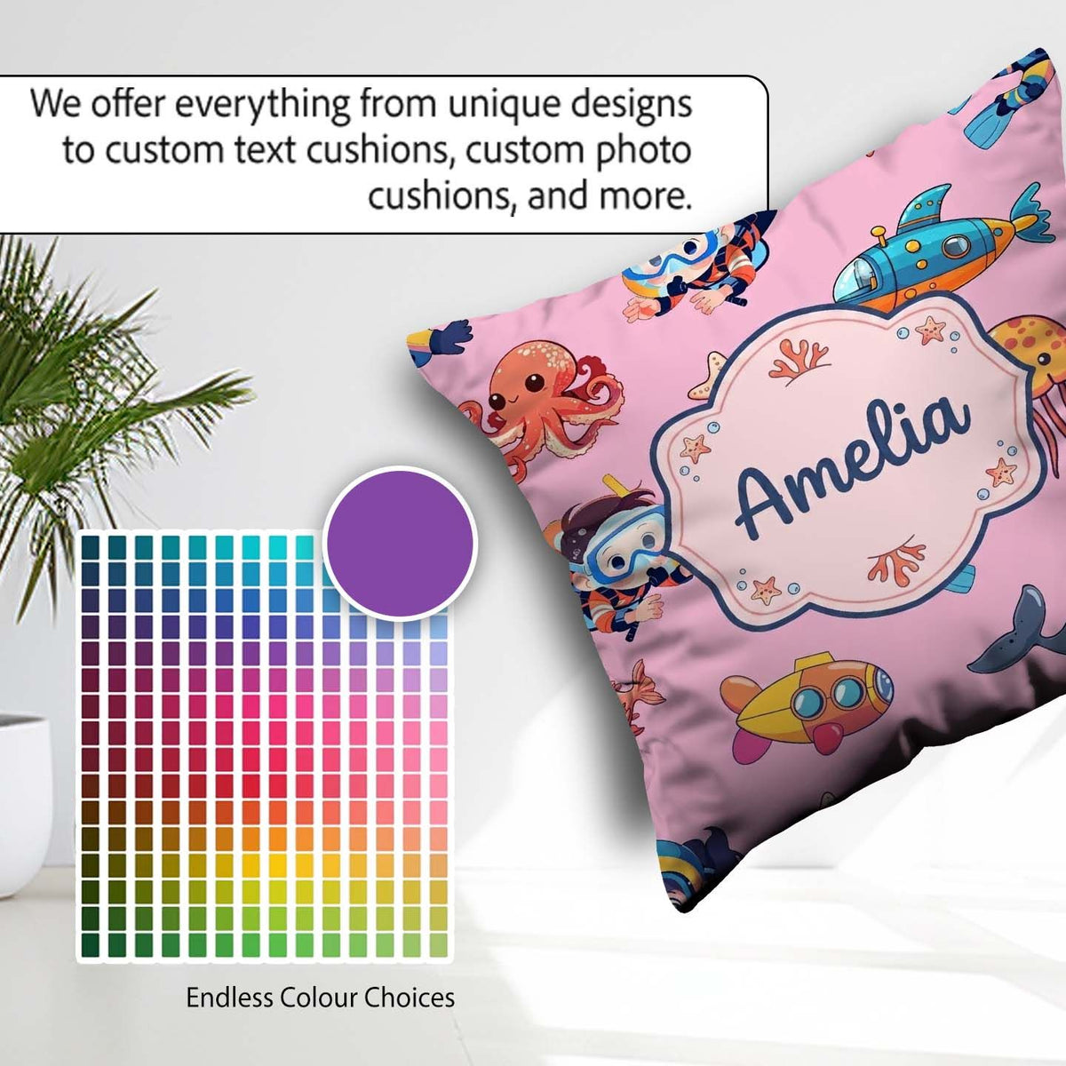 Custom Name Kids Scuba Divers Submarine Ocean Animals Rose Pink Square Filled Cushion Throw Pillow Sofa Bed Home Decor Zip Washable UK Made