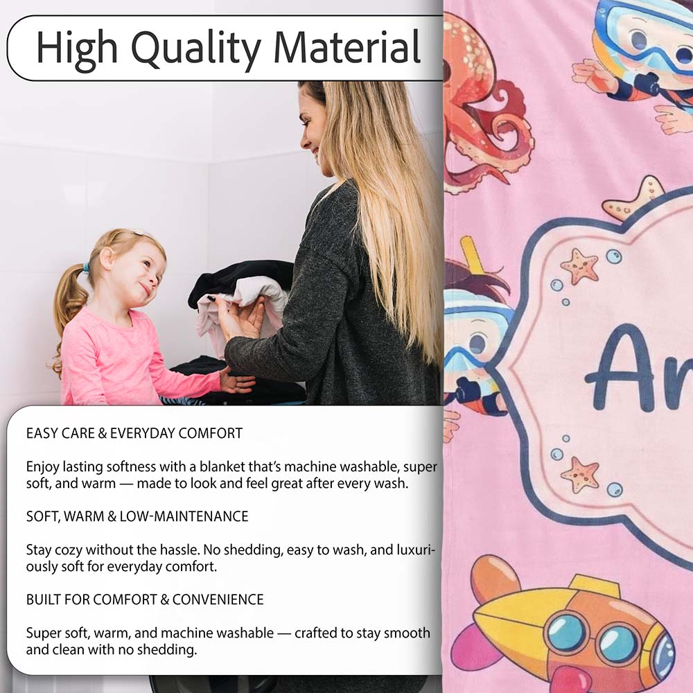 Kids Scuba Divers Submarine Jellyfish Ocean Animals Rose Pink Lovely  Personalised Custom Name Super Soft Fleece Blanket Bed Sofa Throw