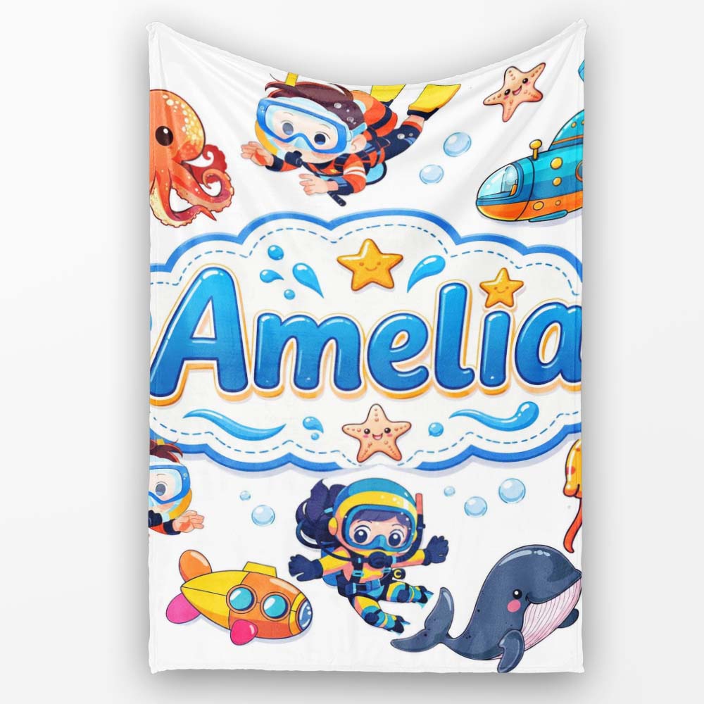 Kids Scuba Divers Submarine Jellyfish Ocean Animals Light Grey  Personalised Custom Name Super Soft Fleece Blanket Bed Sofa Throw