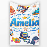 Kids Scuba Divers Submarine Jellyfish Ocean Animals Light Grey  Personalised Custom Name Super Soft Fleece Blanket Bed Sofa Throw