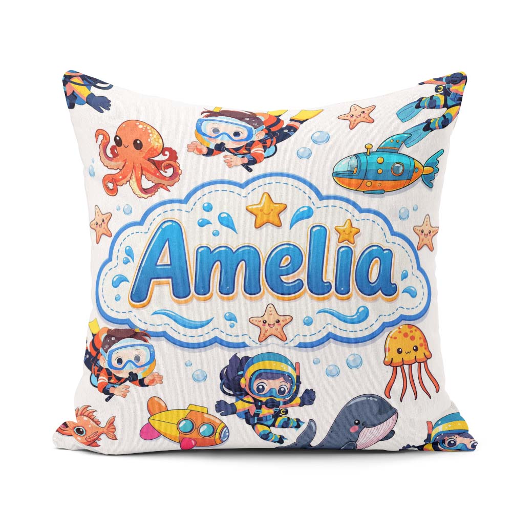 Custom Name Kids Scuba Divers Submarine Ocean Animals Light Grey Square Filled Cushion Throw Pillow Sofa Bed Home Decor Zip Washable UK Made