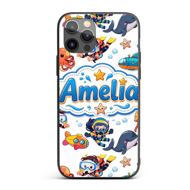 Kids Scuba Divers Submarine Decorative Design Custom Name Protective Phone Case Mobile Cover Durable Everyday Smartphone Shock Resistant