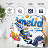 Kids Scuba Divers Submarine Jellyfish Ocean Animals Light Grey  Personalised Custom Name Super Soft Fleece Blanket Bed Sofa Throw