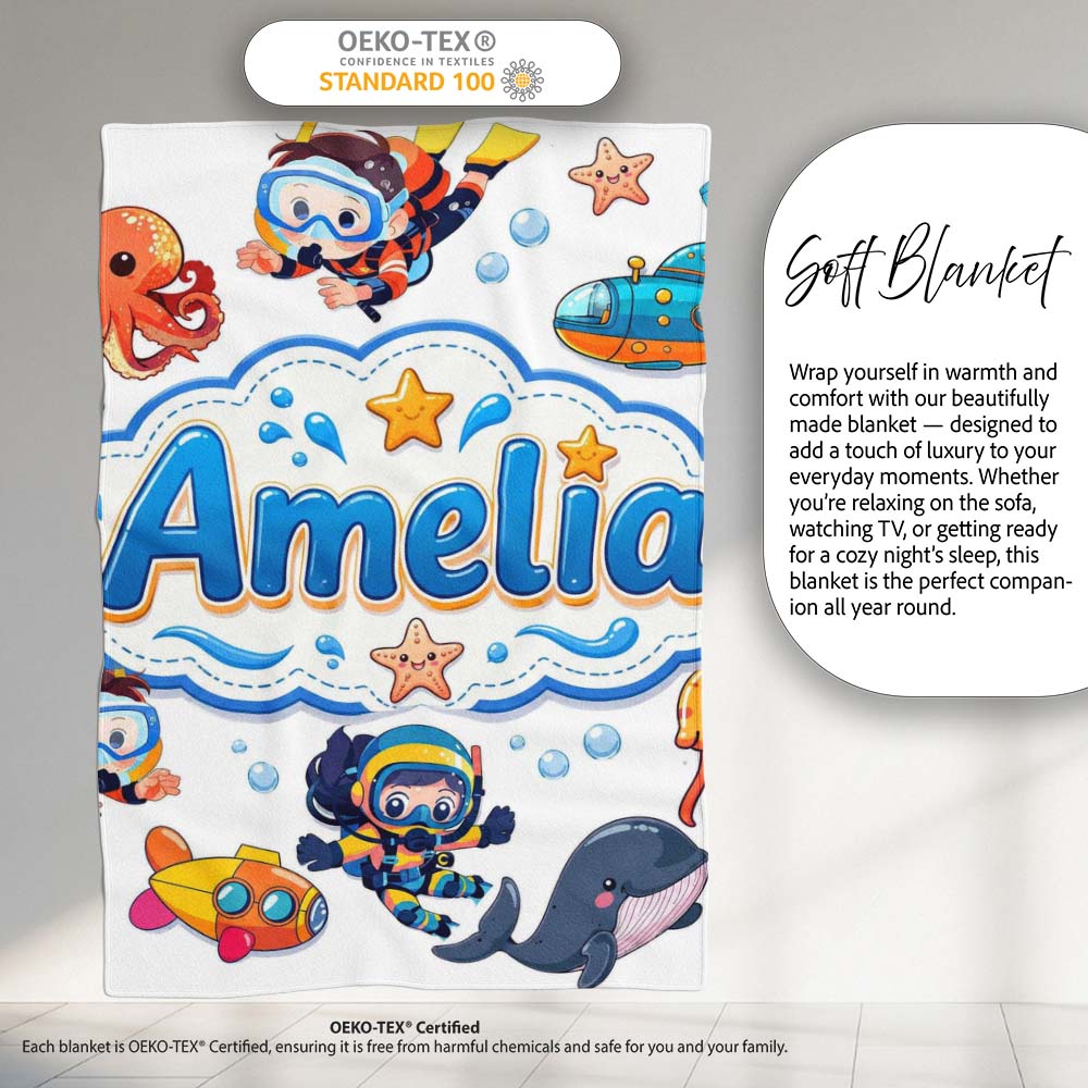 Kids Scuba Divers Submarine Jellyfish Ocean Animals Light Grey  Personalised Custom Name Super Soft Fleece Blanket Bed Sofa Throw