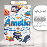 Kids Scuba Divers Submarine Jellyfish Ocean Animals Light Grey  Personalised Custom Name Super Soft Fleece Blanket Bed Sofa Throw