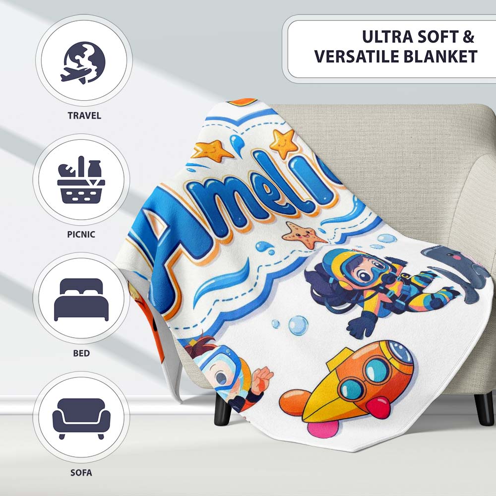 Kids Scuba Divers Submarine Jellyfish Ocean Animals Light Grey  Personalised Custom Name Super Soft Fleece Blanket Bed Sofa Throw