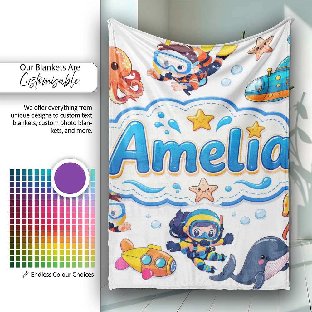 Kids Scuba Divers Submarine Jellyfish Ocean Animals Light Grey  Personalised Custom Name Super Soft Fleece Blanket Bed Sofa Throw