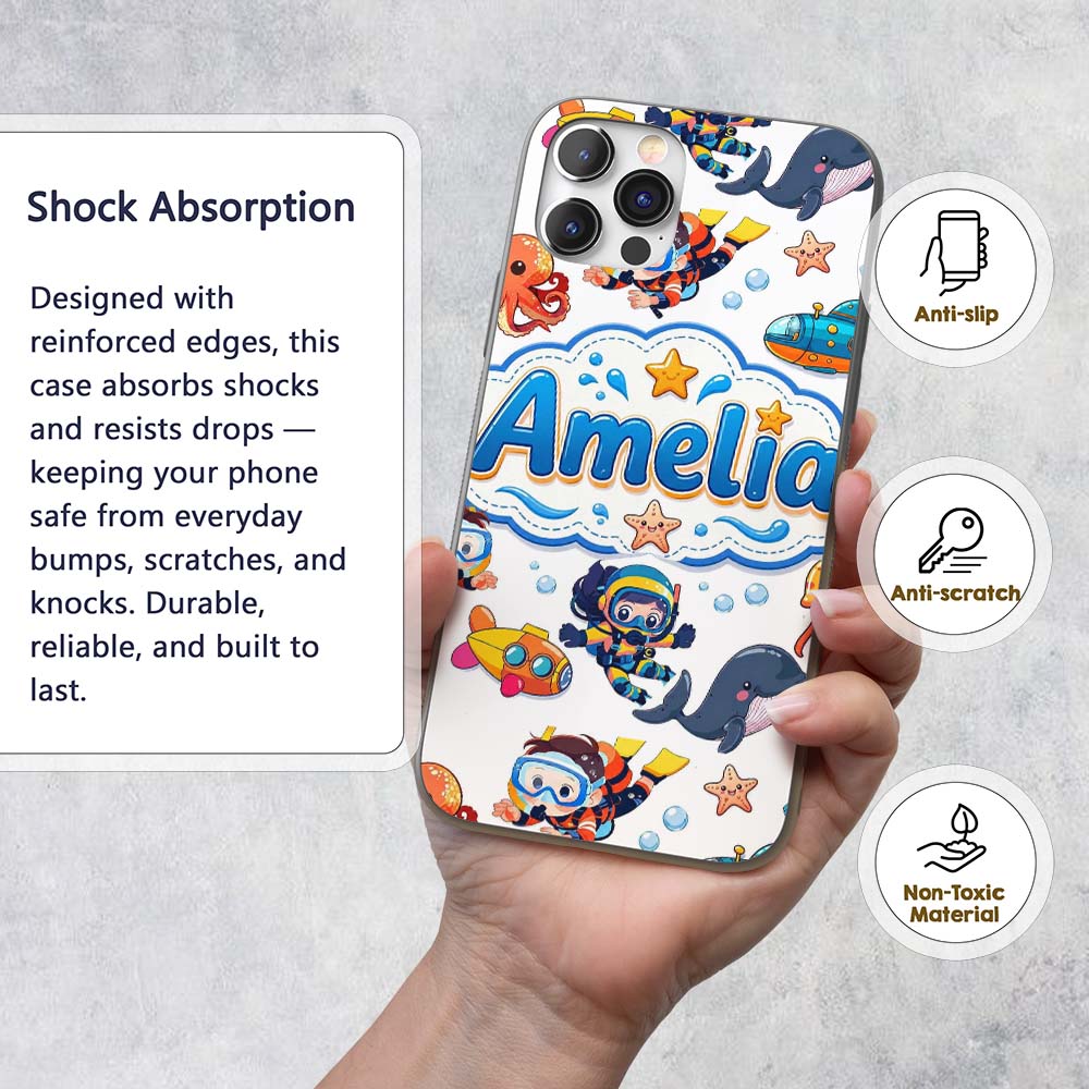 Kids Scuba Divers Submarine Decorative Design Custom Name Protective Phone Case Mobile Cover Durable Everyday Smartphone Shock Resistant