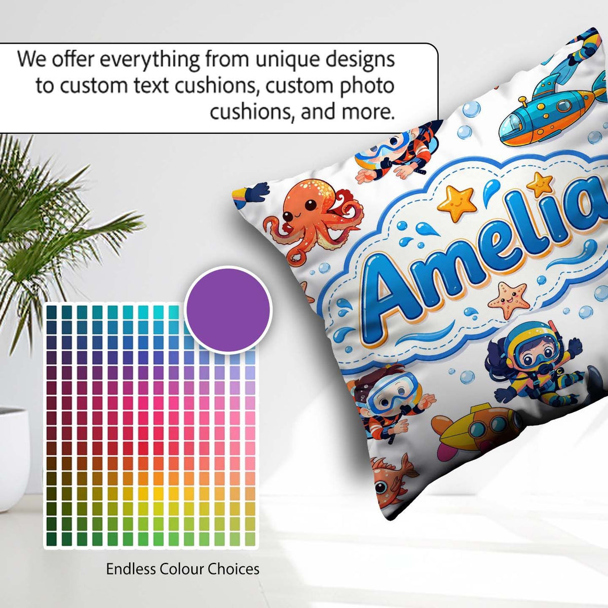 Custom Name Kids Scuba Divers Submarine Ocean Animals Light Grey Square Filled Cushion Throw Pillow Sofa Bed Home Decor Zip Washable UK Made