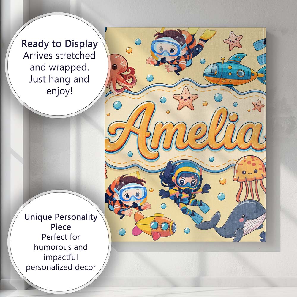 Personalised Name Kids Scuba Divers Submarine Custom Unique Gift Idea Modern Room Accent Canvas Wall Art Print Decor Picture Ready to Hang