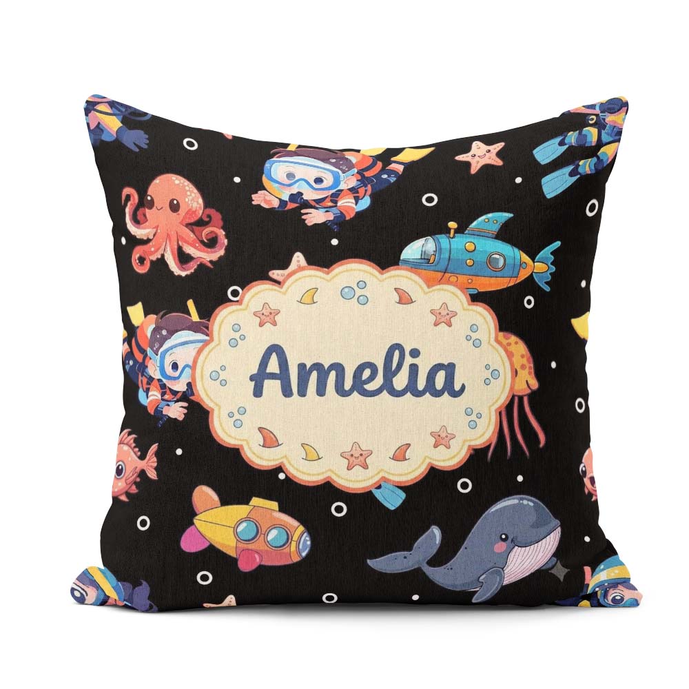 Custom Name Kid Scuba Diver Submarine Jellyfish Ocean Deep Black Square Filled Cushion Throw Pillow Sofa Bed Home Decor Zip Washable UK Made